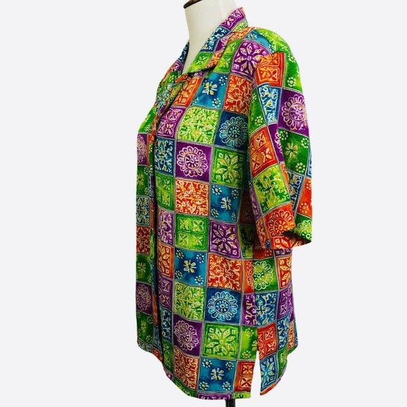 Vintage Retro Blouse Bold Colorful Geometric Short Sleeve Top - Picture 5 of 7